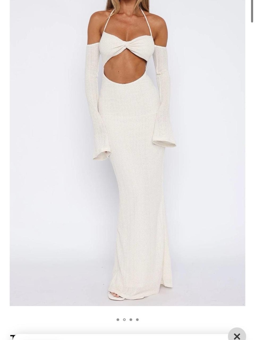 White Fox Boutique Cream Cutout Maxi Dress with Off-Shoulder Sleeves